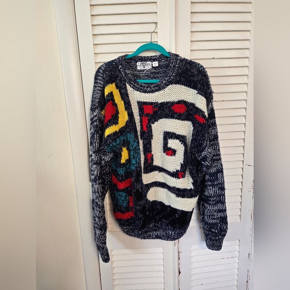 Colorful Abstract Pattern Sweater Funky Acrylic Vintage Eighties XL